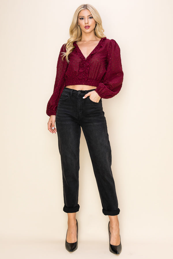 Long Puff Sleeves Ruffle V-Neck Crop Top Bella Moda Latina