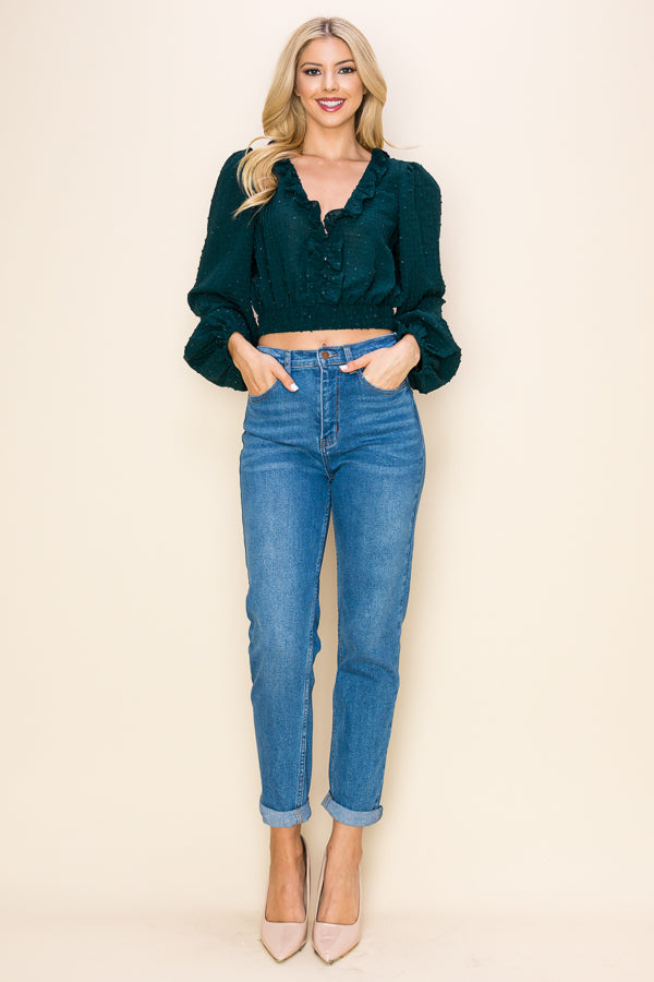 Long Puff Sleeves Ruffle V-Neck Crop Top Bella Moda Latina