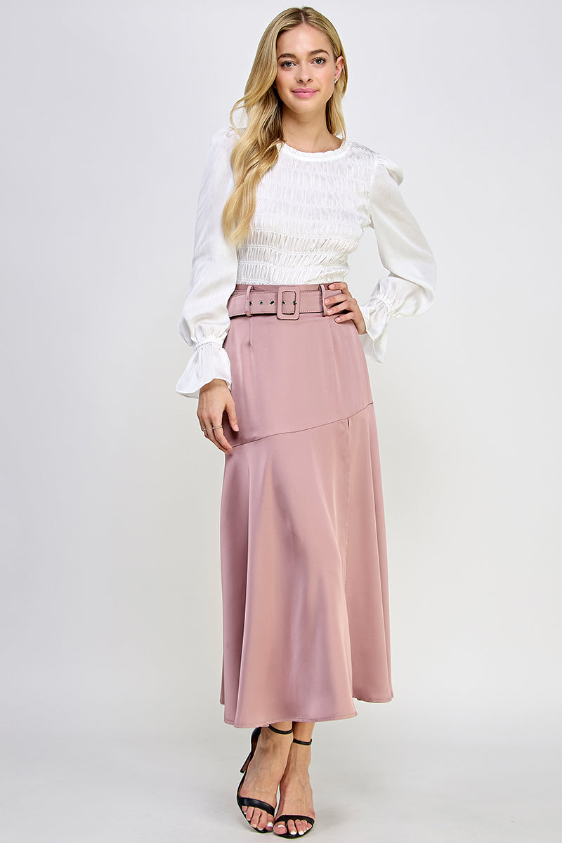Round Neck Long Balloon Sleeve Smocking Satin Top Bella Moda Latina