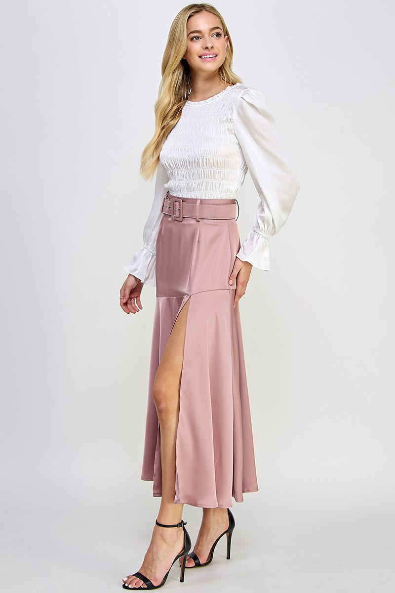 Round Neck Long Balloon Sleeve Smocking Satin Top Bella Moda Latina