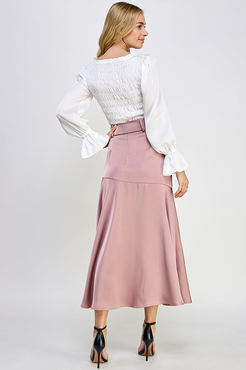 Round Neck Long Balloon Sleeve Smocking Satin Top Bella Moda Latina