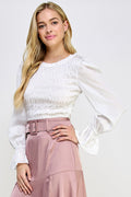 Round Neck Long Balloon Sleeve Smocking Satin Top Bella Moda Latina