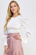 Round Neck Long Balloon Sleeve Smocking Satin Top Bella Moda Latina