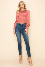 Round Neck Long Balloon Sleeve Smocking Satin Top Bella Moda Latina