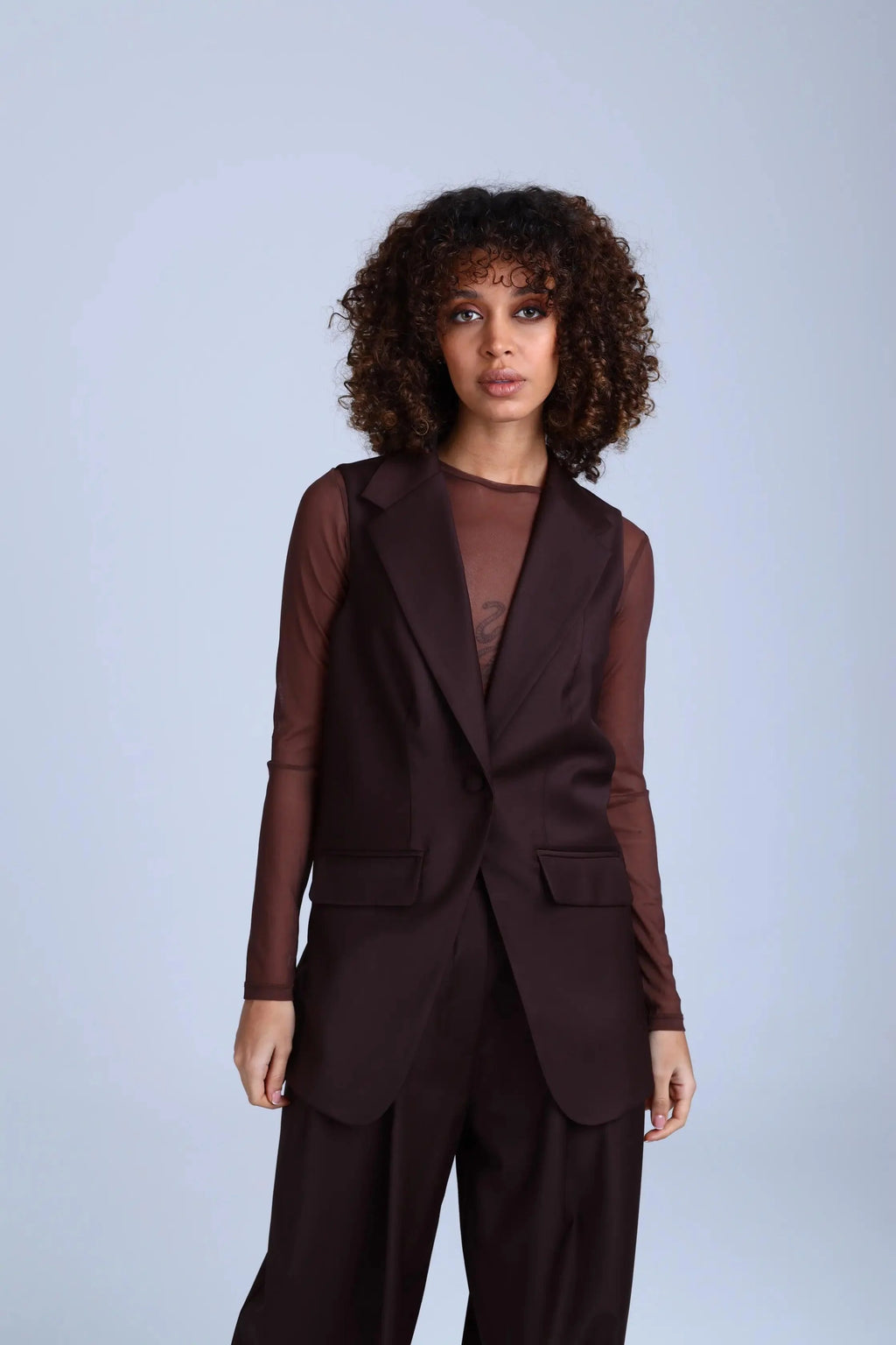 Broadway Monica Longline Virgin Wool Waistcoat in Dark Coffee