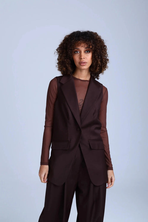 Broadway Monica Longline Virgin Wool Waistcoat in Dark Coffee