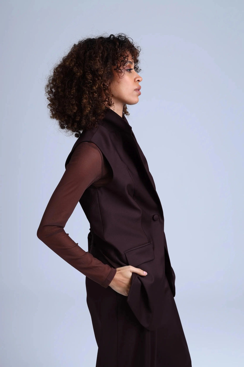 Broadway Monica Longline Virgin Wool Waistcoat in Dark Coffee