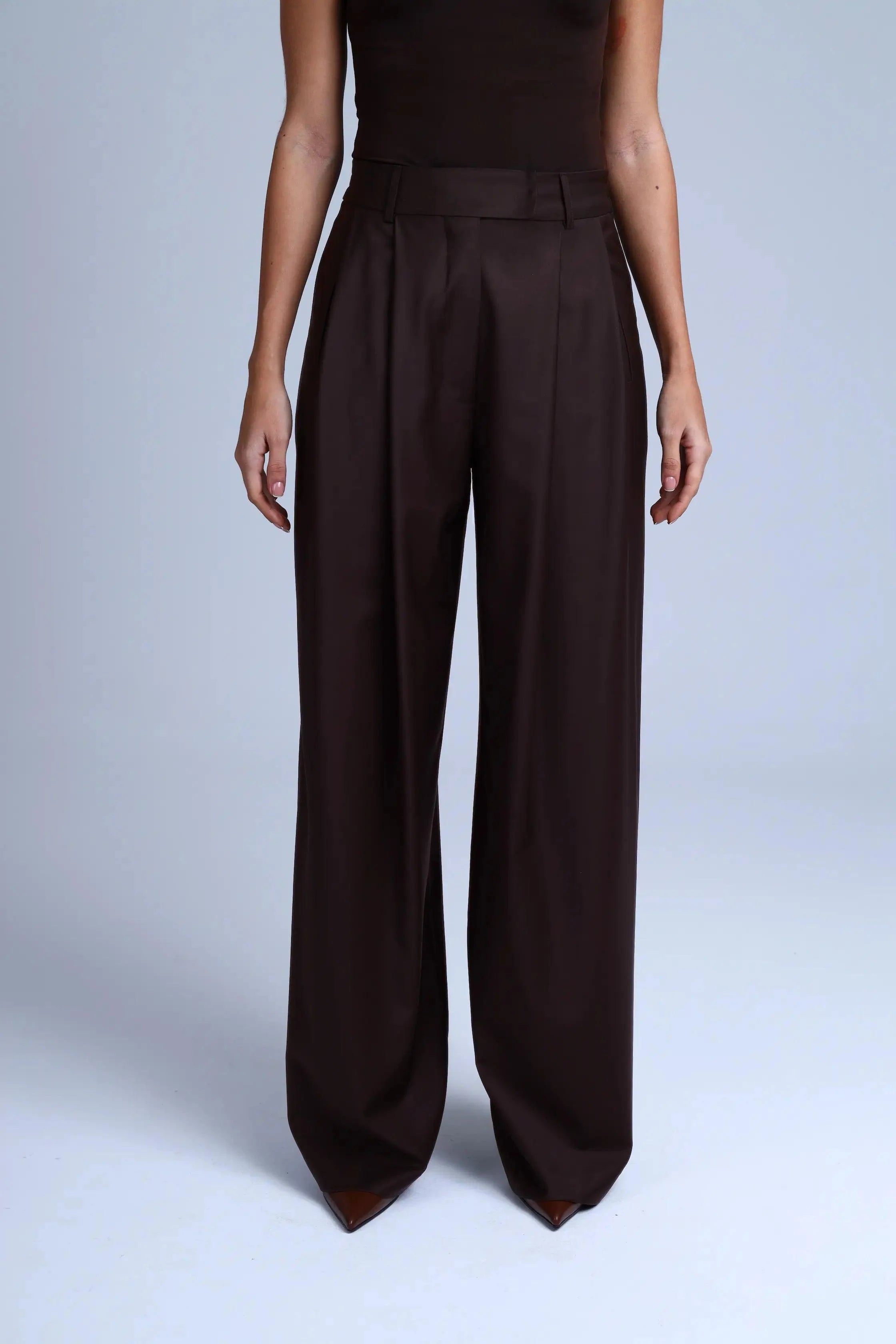 Brown Virgin Wool Pants Monica Wide-Leg in Dark Coffee ETNA