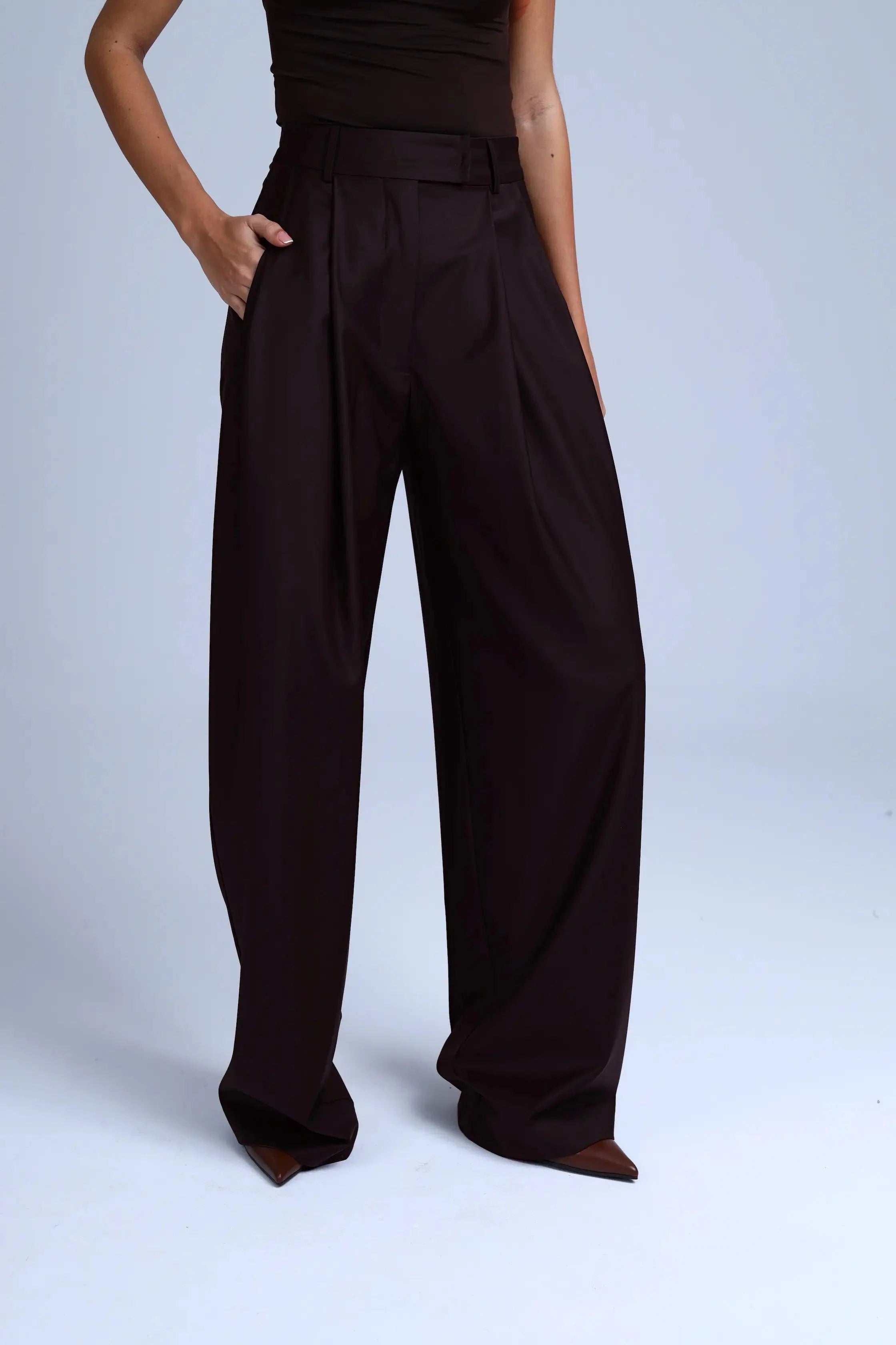 Brown Virgin Wool Pants Monica Wide-Leg in Dark Coffee ETNA