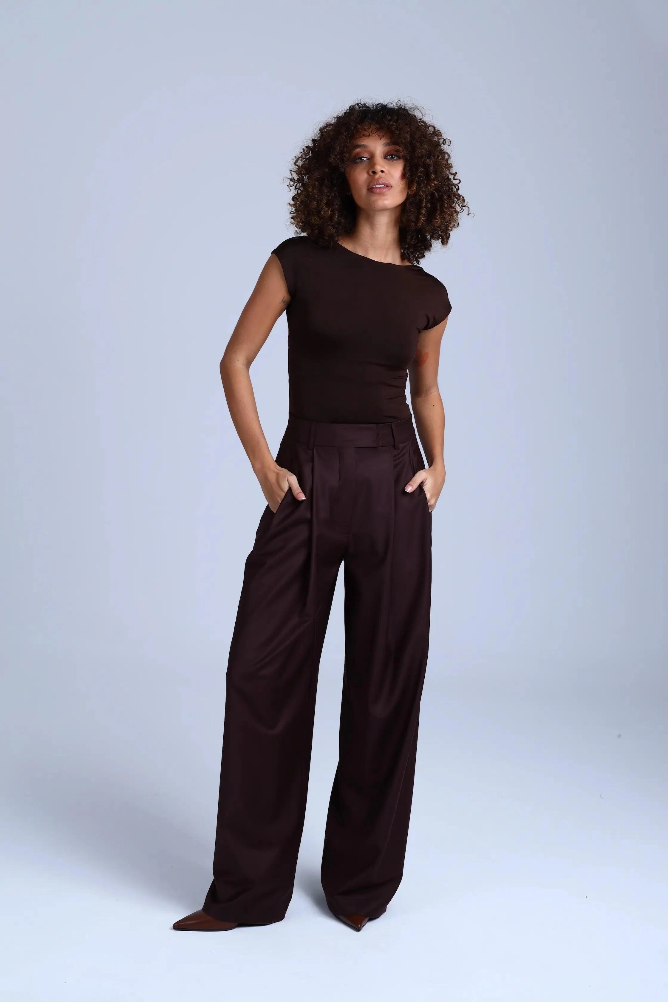 Brown Virgin Wool Pants Monica Wide-Leg in Dark Coffee ETNA