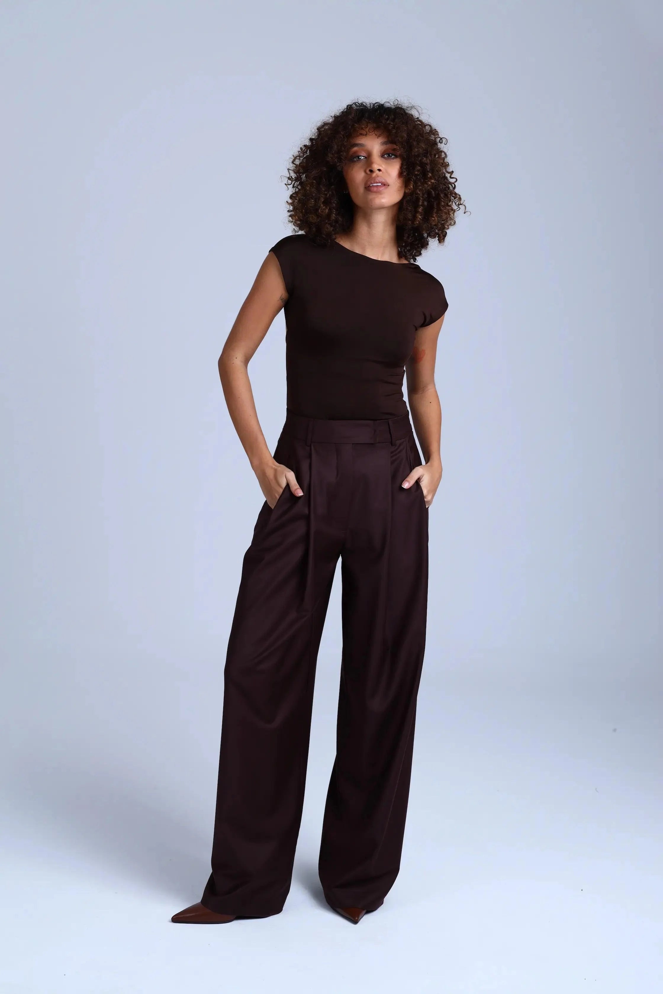 Broadway Monica Wide-Leg Virgin Wool Pants in Dark Coffee