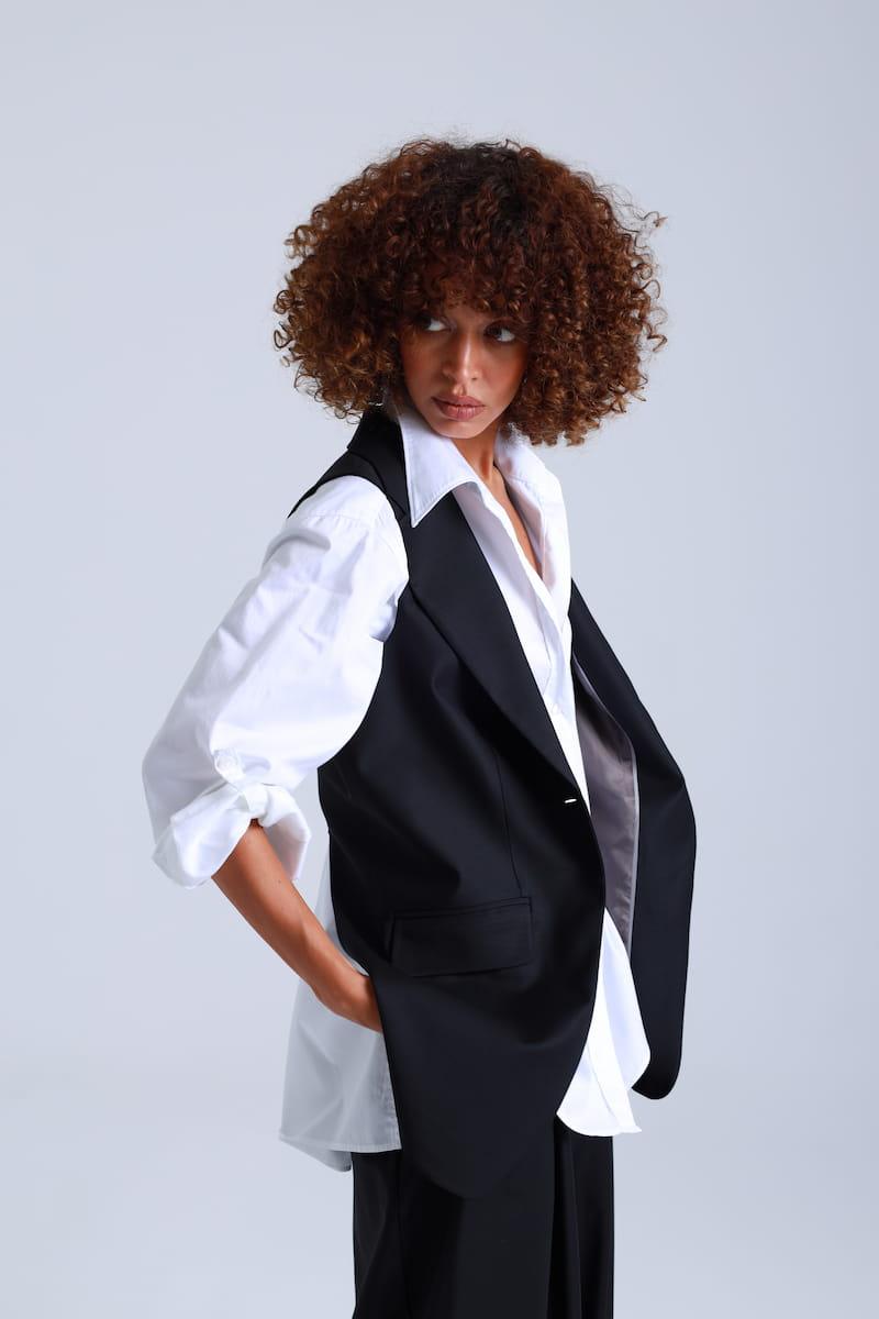Broadway Liza Longline Virgin Wool Waistcoat in Deep Black ETNA