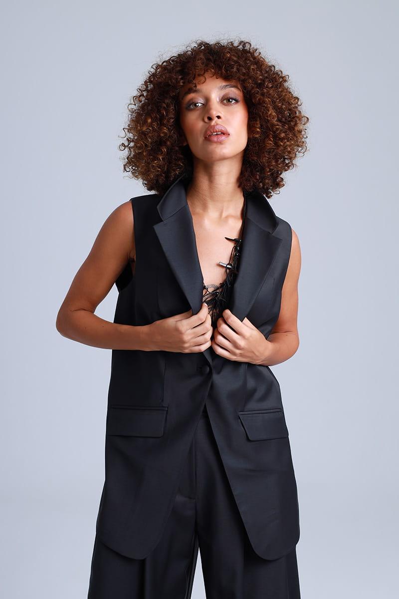 Broadway Liza Longline Virgin Wool Waistcoat in Deep Black ETNA