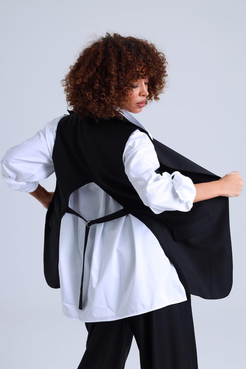 Broadway Liza Longline Virgin Wool Waistcoat in Deep Black