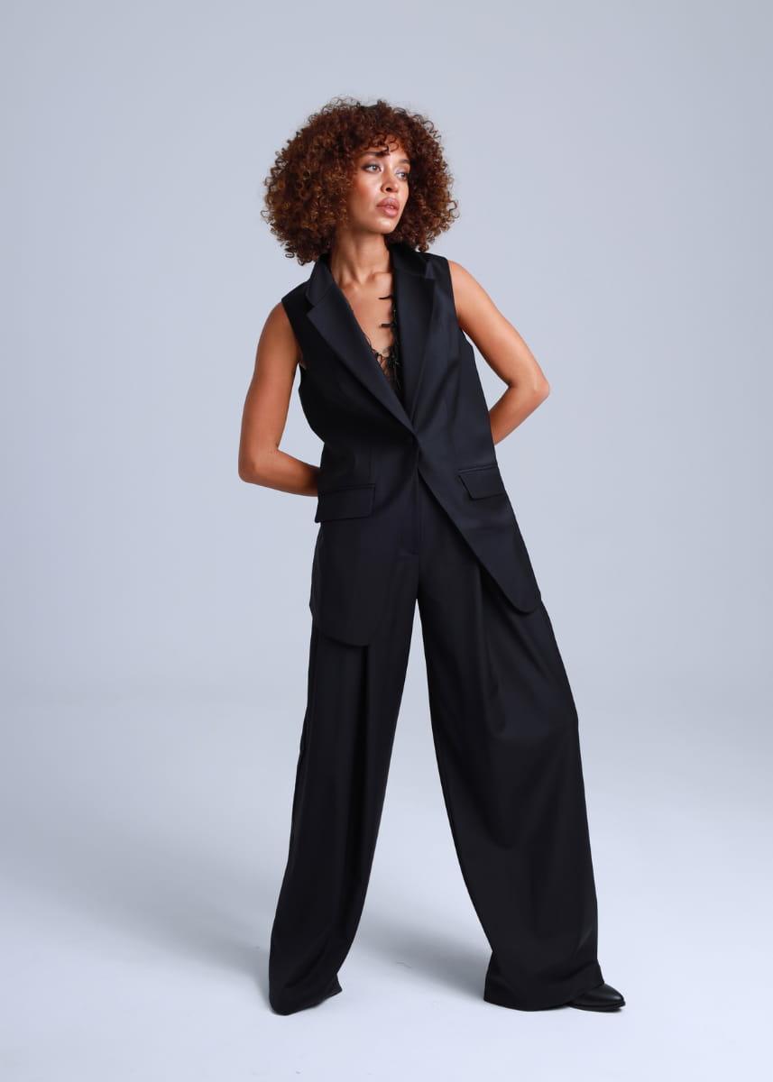 Broadway Liza Longline Virgin Wool Waistcoat in Deep Black ETNA