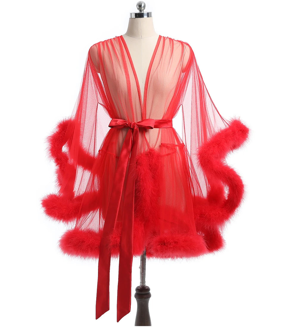 Luxurious Sheer Bridal Robe with Feathered Hem and Satin Tie SelenaHuanStudio