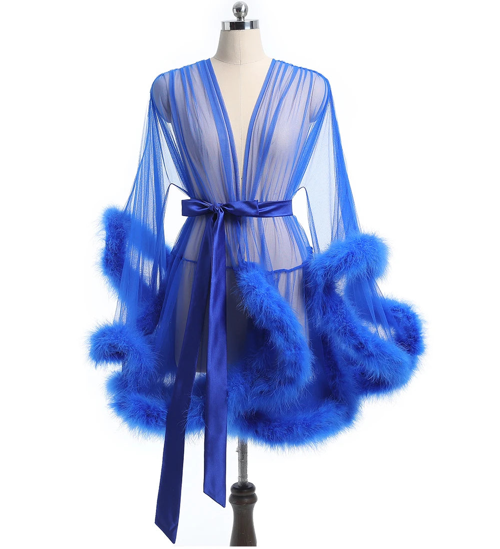 Luxurious Sheer Bridal Robe with Feathered Hem and Satin Tie SelenaHuanStudio