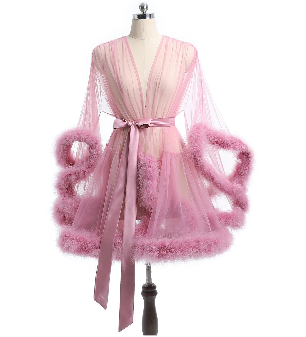 Luxurious Sheer Bridal Robe with Feathered Hem and Satin Tie SelenaHuanStudio