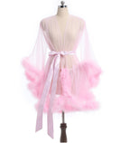 Luxurious Sheer Bridal Robe with Feathered Hem and Satin Tie SelenaHuanStudio