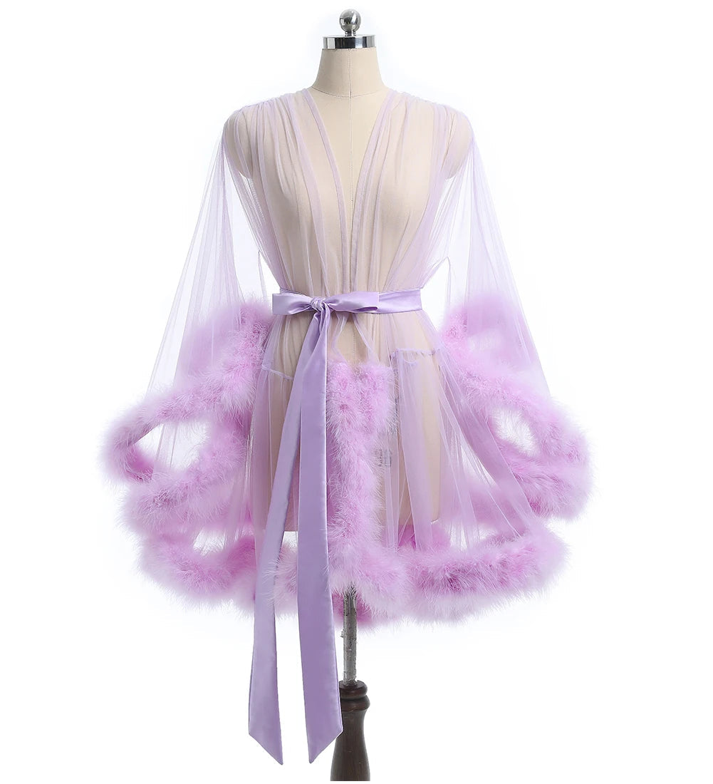 Luxurious Sheer Bridal Robe with Feathered Hem and Satin Tie SelenaHuanStudio
