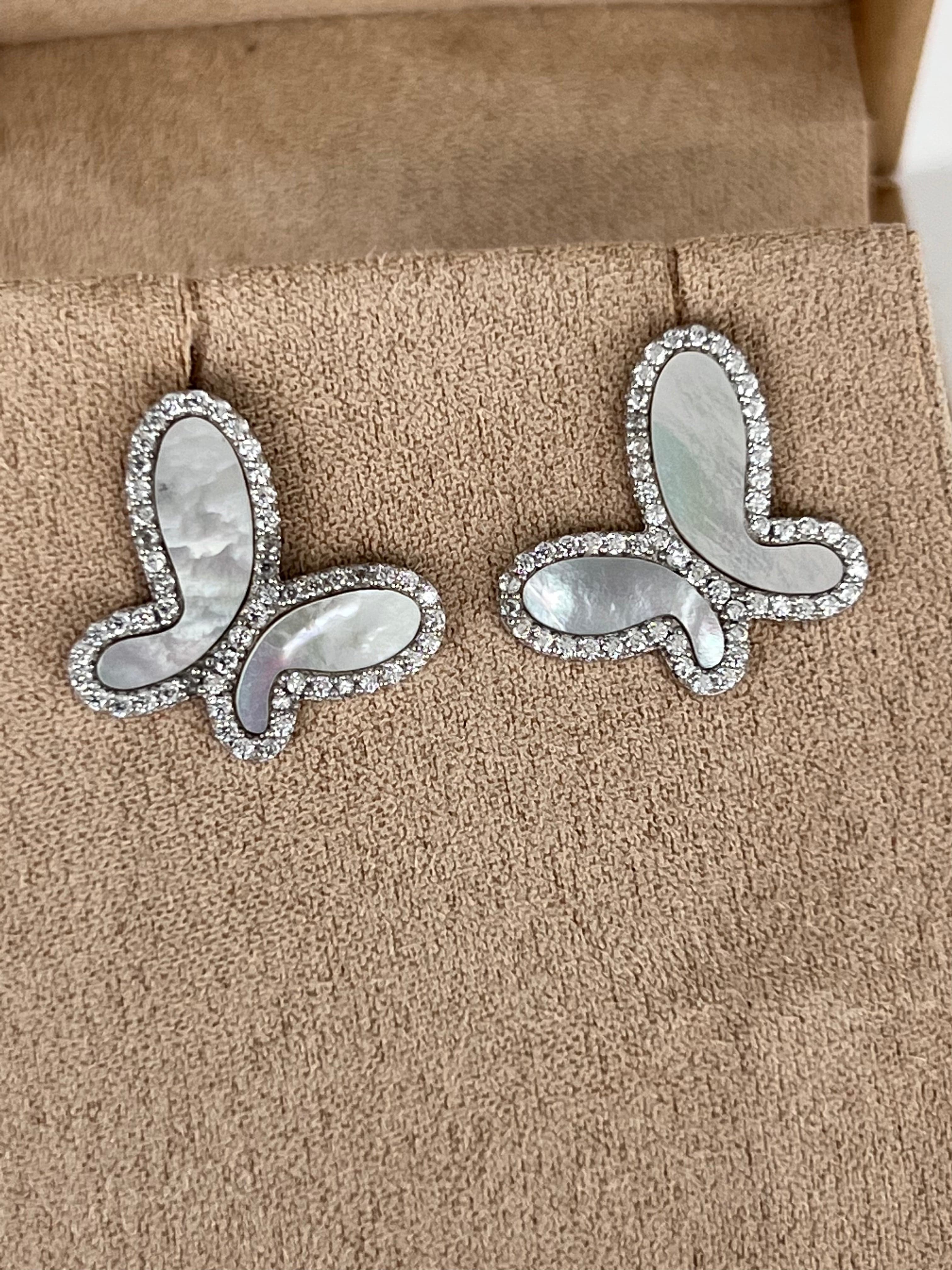 925 Silver with Mother Of Pearl Cubic Zirconia  Stud Butterfly Earring Jewelry NIKOZA