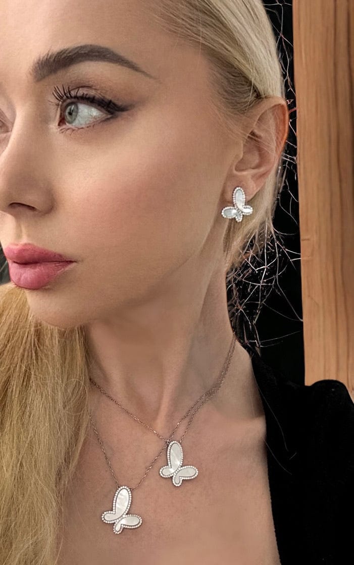 925 Silver with Mother Of Pearl Cubic Zirconia  Stud Butterfly Earring Jewelry NIKOZA