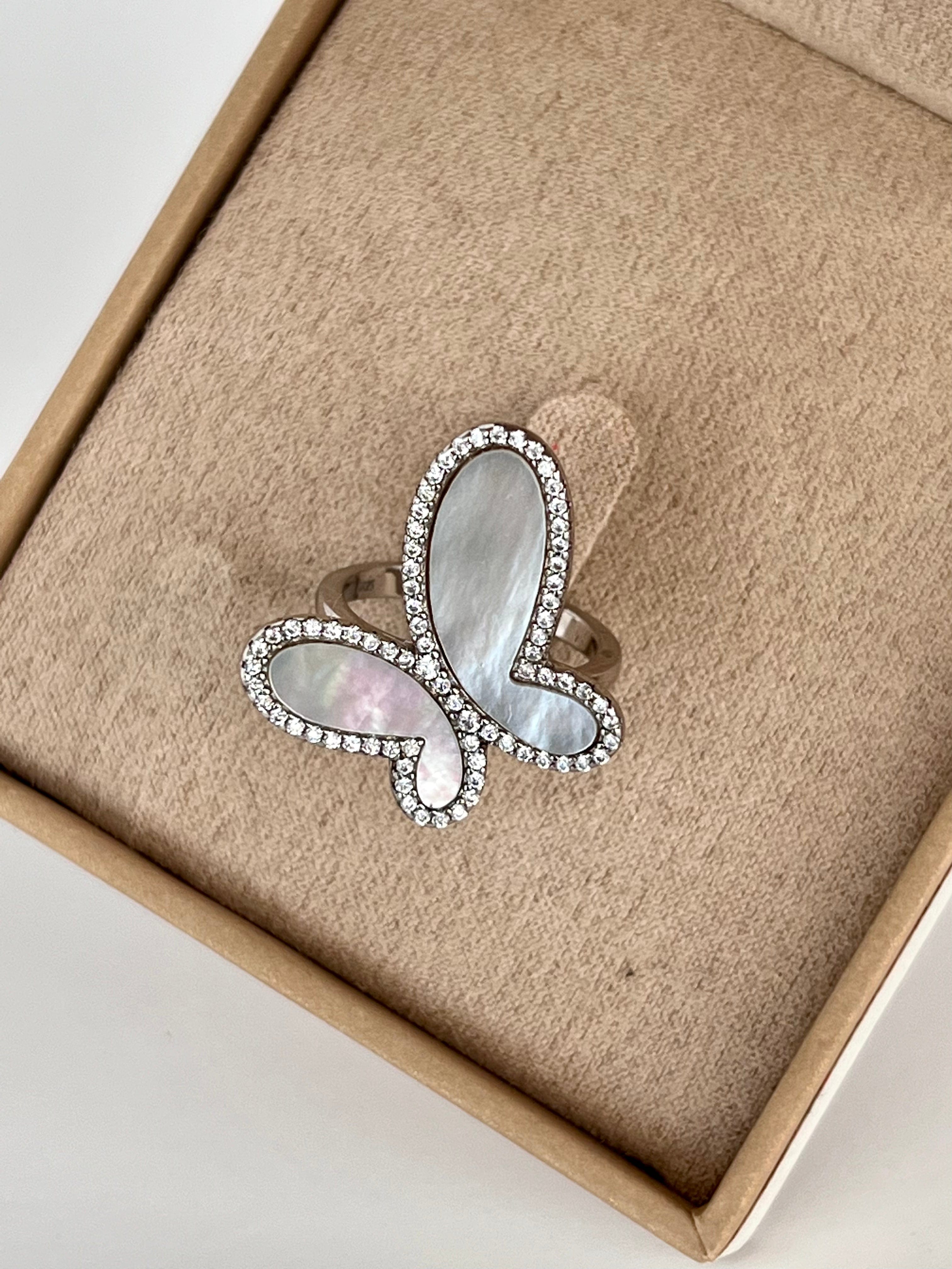 .925 Silver Ring w/ Mother Of Pearl Butterfly encrusted with Cubic Zirconia Jewelry NIKOZA