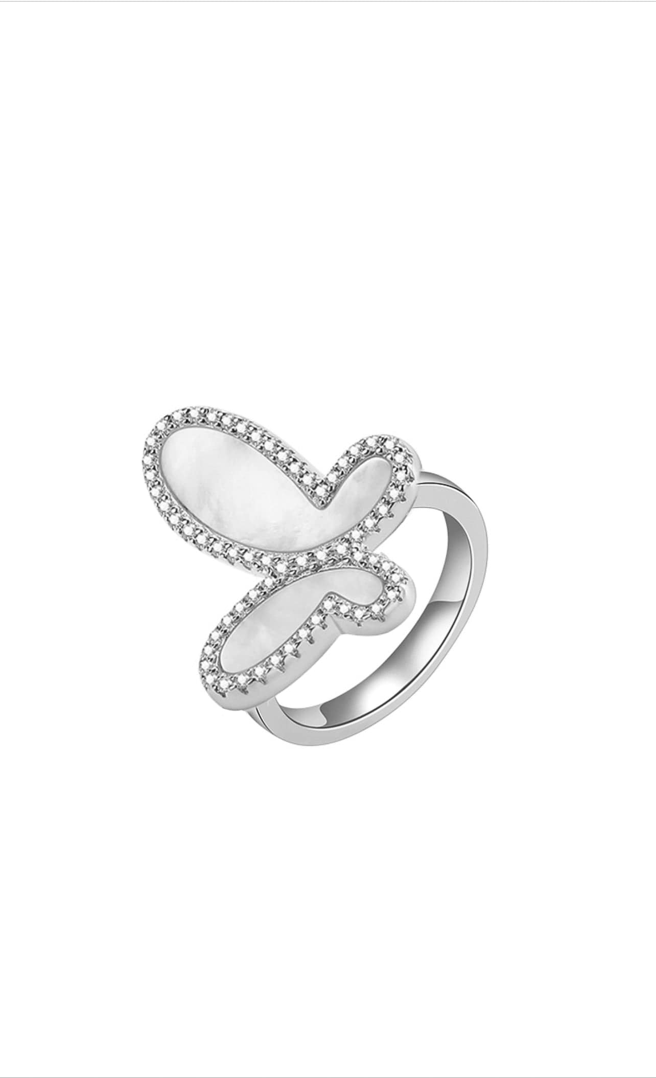 .925 Silver Ring w/ Mother Of Pearl Butterfly encrusted with Cubic Zirconia Jewelry NIKOZA