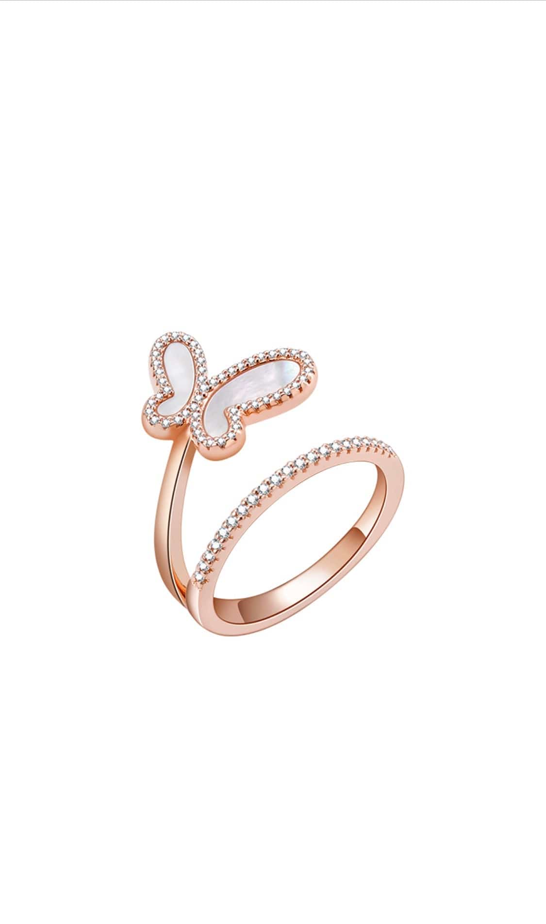 18K Rose Gold w/ Mother Of Pearl Cubic Zirconia Encrusted Swirl Butterfly Ring Jewelry NIKOZA