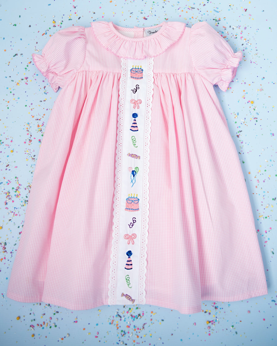 Party Time Hand Embroidered Pink Gingham Dress Smockingbird