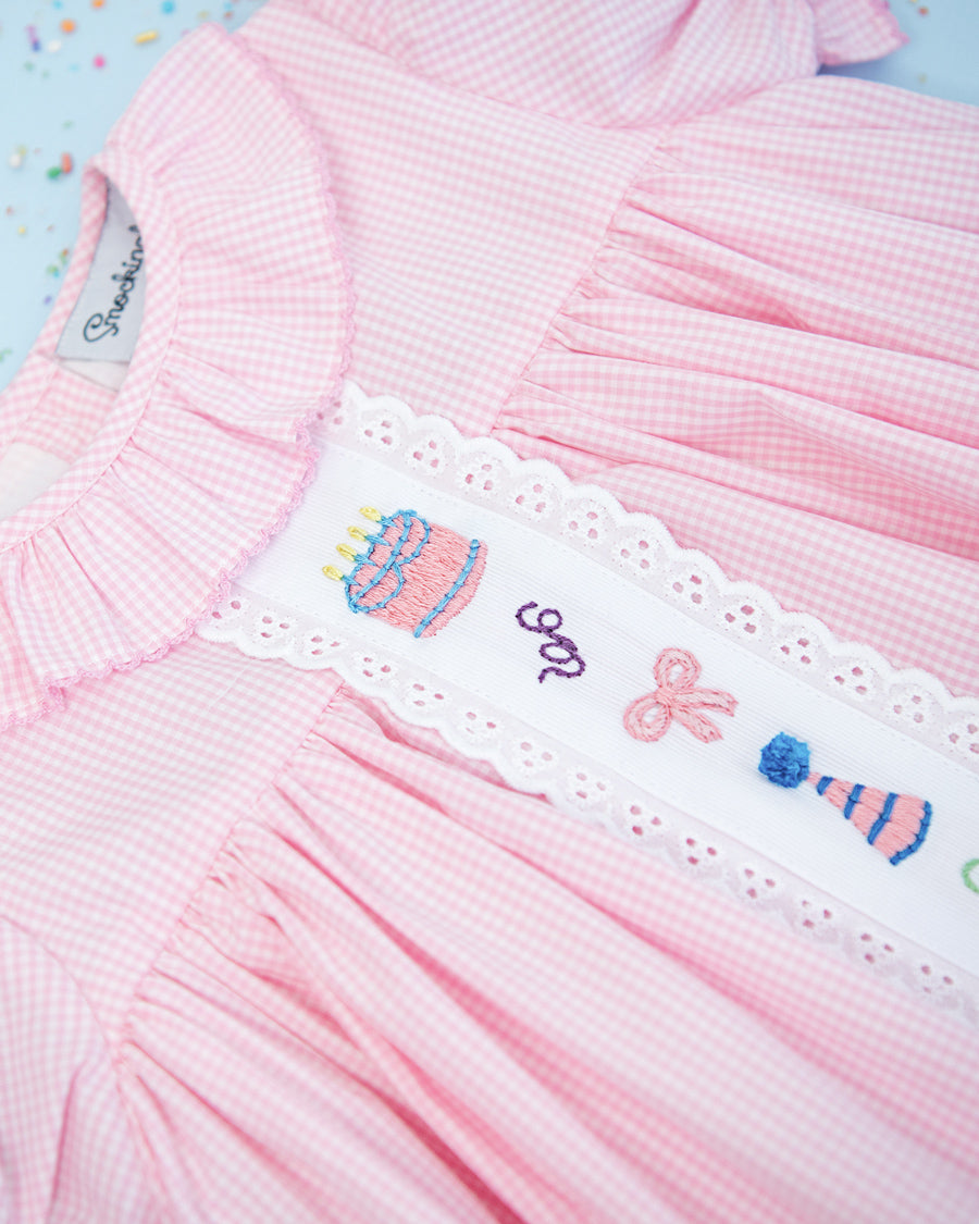 Party Time Hand Embroidered Pink Gingham Dress Smockingbird