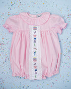 Party Time Hand Embroidered Pink Gingham Bubble Smockingbird
