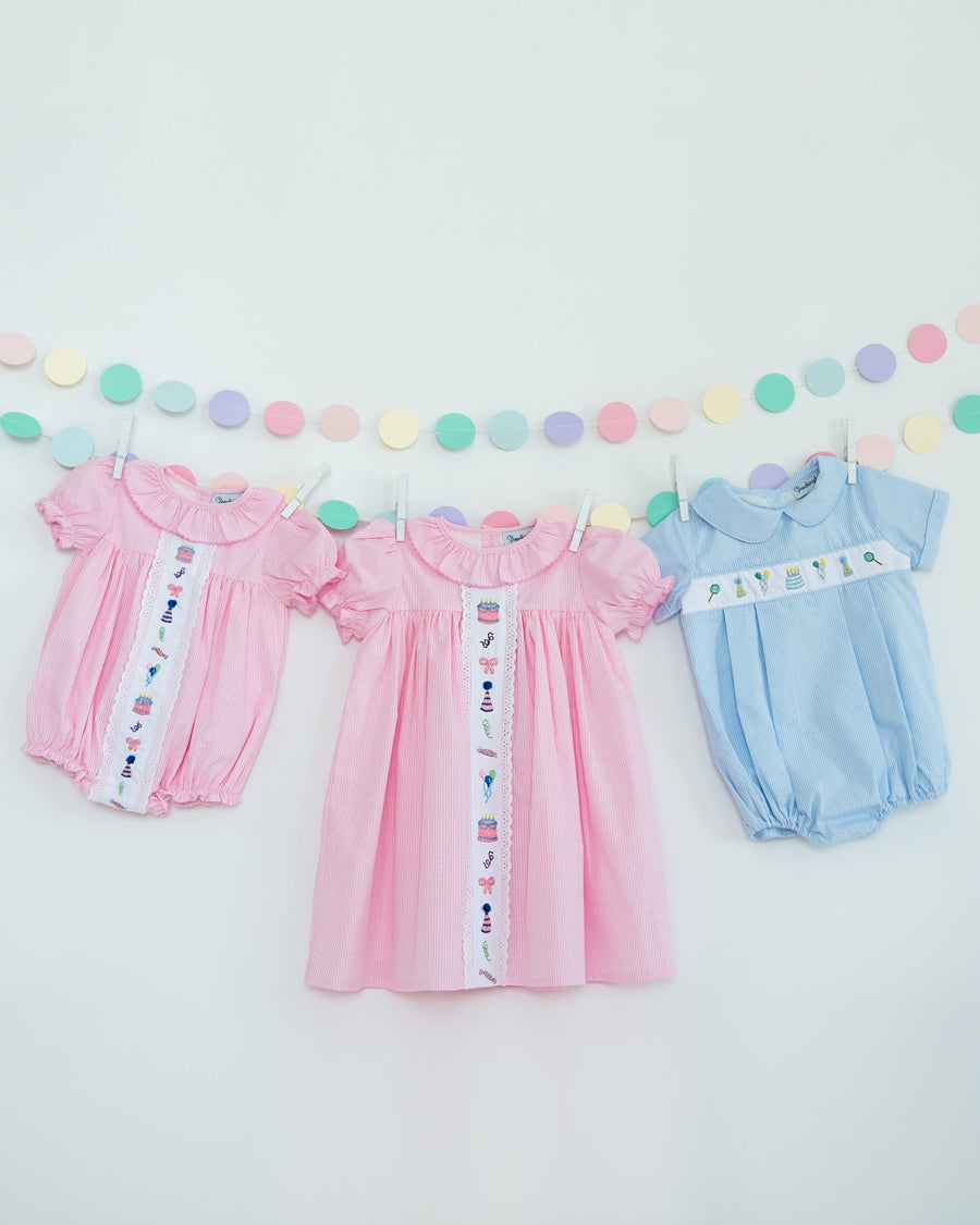Party Time Hand Embroidered Pink Gingham Dress Smockingbird