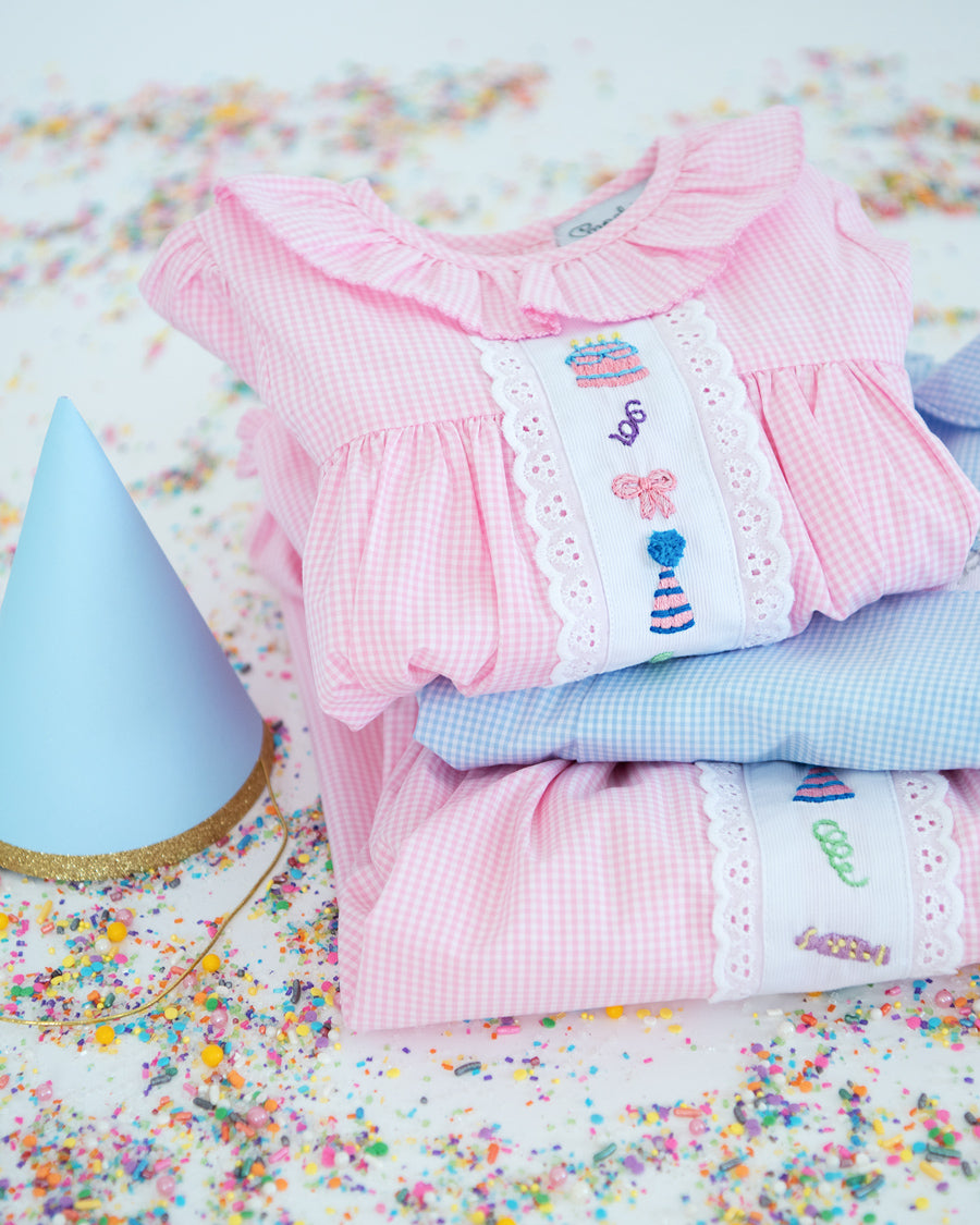 Party Time Hand Embroidered Pink Gingham Dress Smockingbird