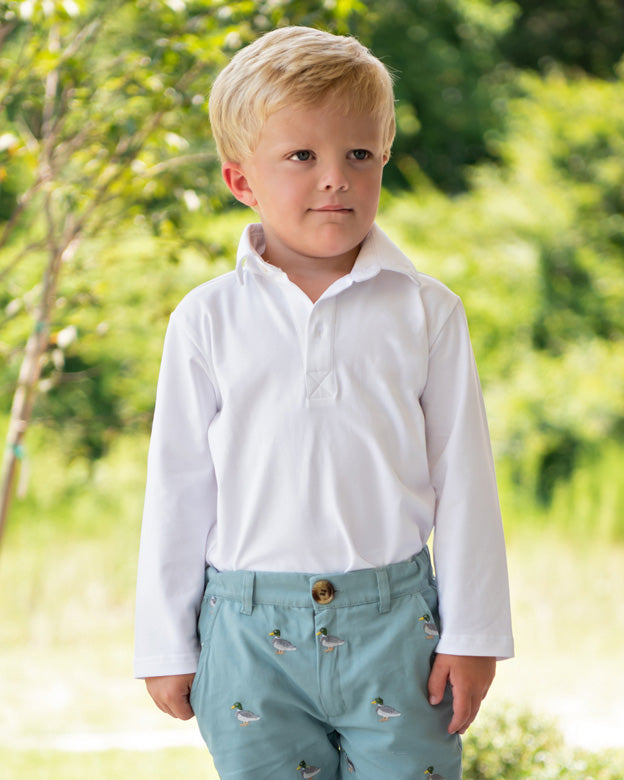Plain White Polo Shirt with Long Sleeves Smockingbird