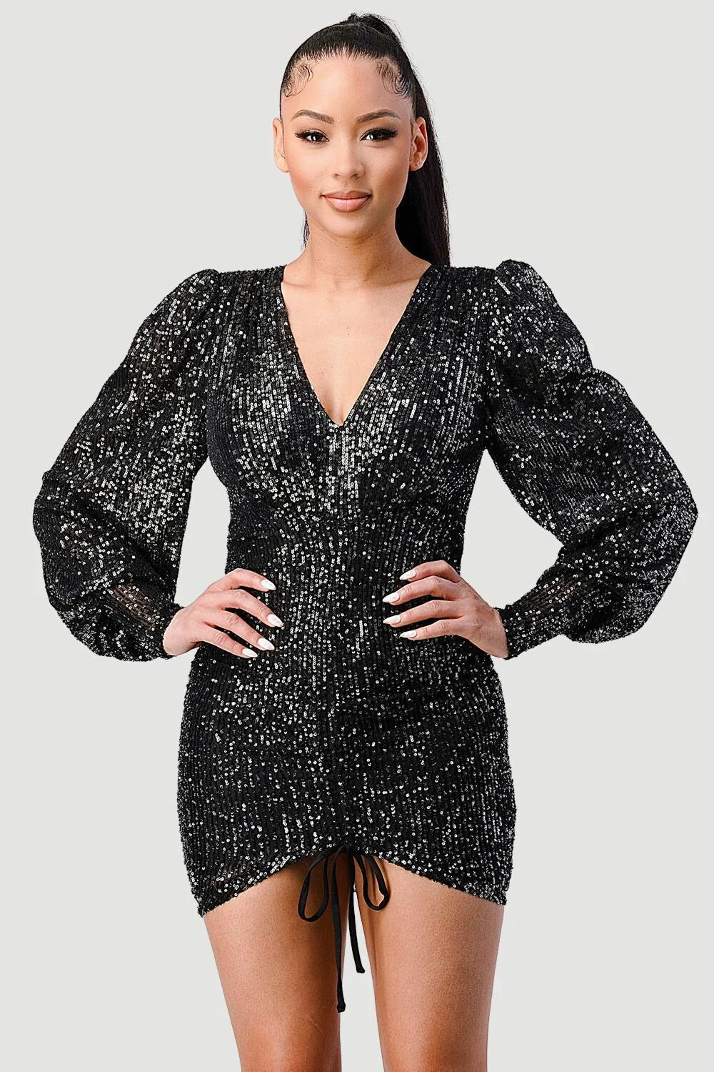 CHIC SEQUIN FRONT DRAWSTRING BISHOP LONG SLEEVE MINI DRESS Bella Moda Latina