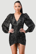 CHIC SEQUIN FRONT DRAWSTRING BISHOP LONG SLEEVE MINI DRESS Bella Moda Latina