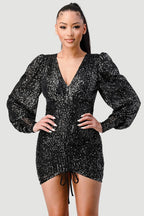 CHIC SEQUIN FRONT DRAWSTRING BISHOP LONG SLEEVE MINI DRESS Bella Moda Latina