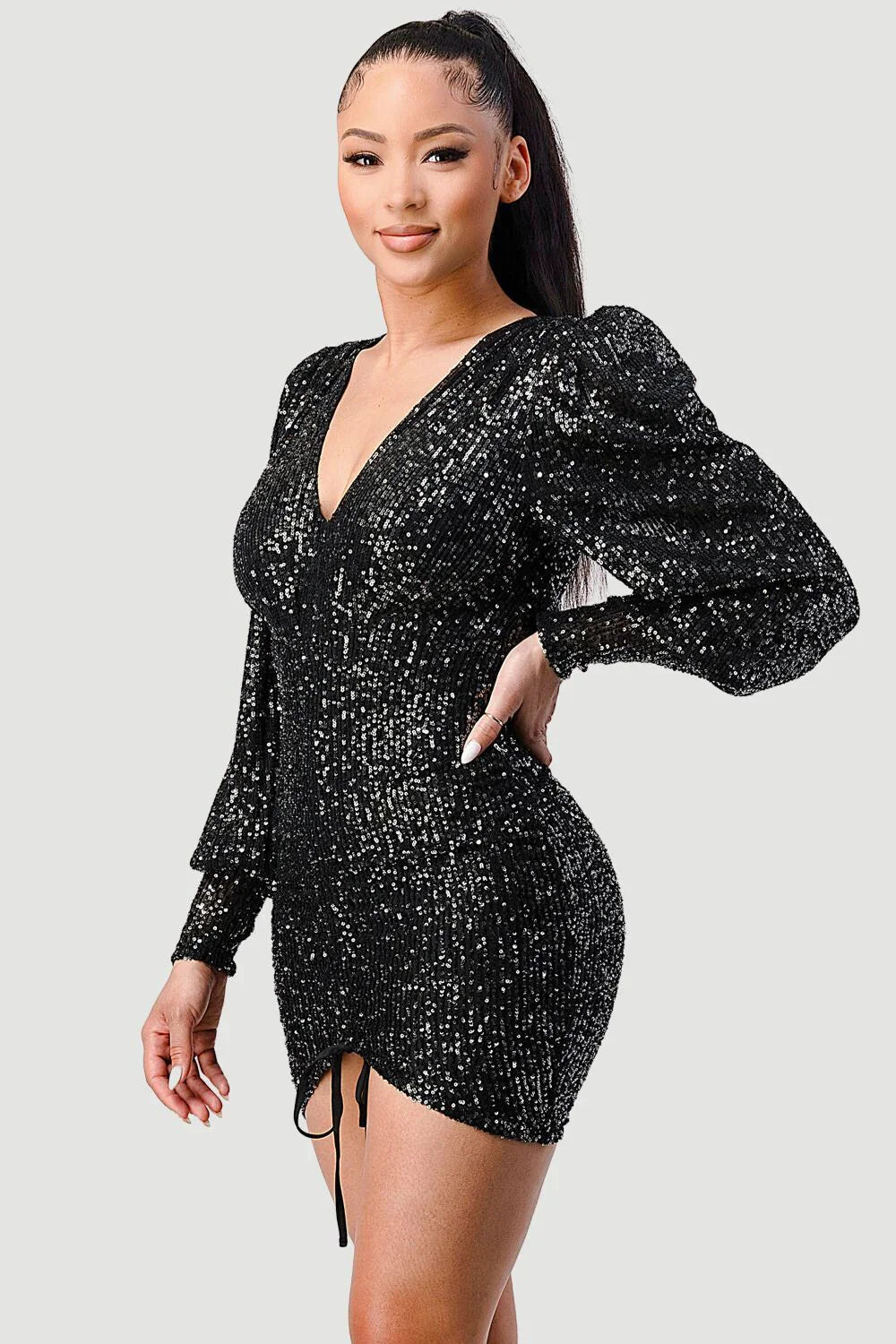 CHIC SEQUIN FRONT DRAWSTRING BISHOP LONG SLEEVE MINI DRESS Bella Moda Latina