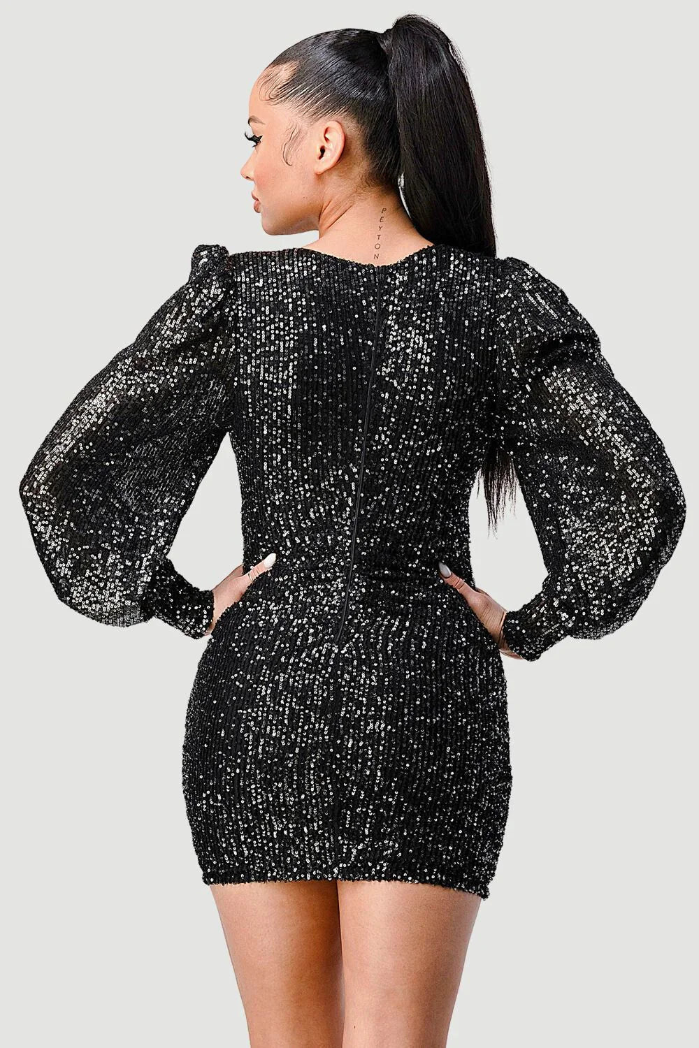 CHIC SEQUIN FRONT DRAWSTRING BISHOP LONG SLEEVE MINI DRESS Bella Moda Latina