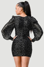 CHIC SEQUIN FRONT DRAWSTRING BISHOP LONG SLEEVE MINI DRESS Bella Moda Latina