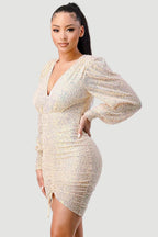 CHIC SEQUIN FRONT DRAWSTRING BISHOP LONG SLEEVE MINI DRESS Bella Moda Latina
