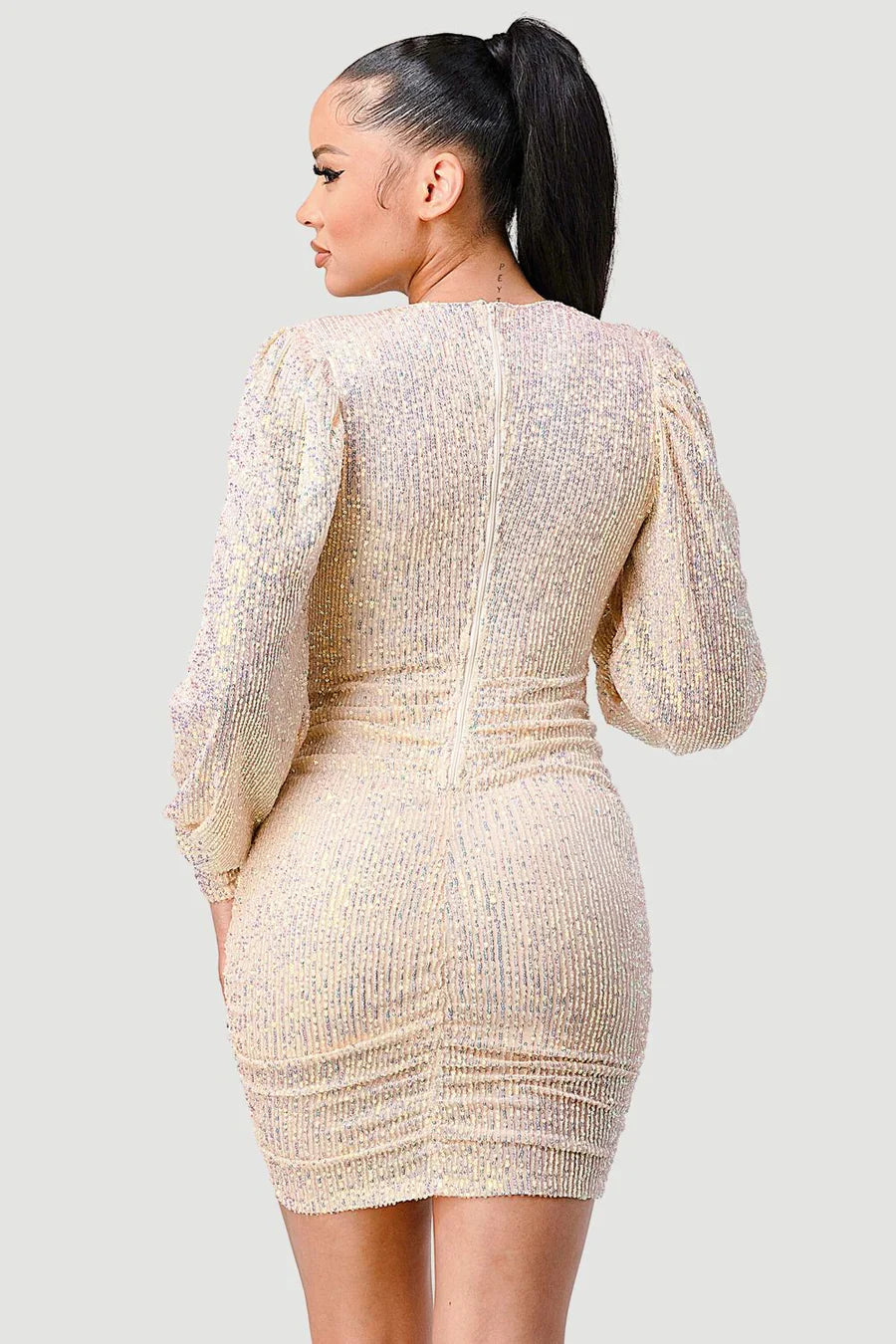 CHIC SEQUIN FRONT DRAWSTRING BISHOP LONG SLEEVE MINI DRESS Bella Moda Latina