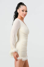 LUX FUR TRIM SEQUINS KIMONO SLEEVES ONE SHOULDER BODYCON MINI DRESS Bella Moda Latina