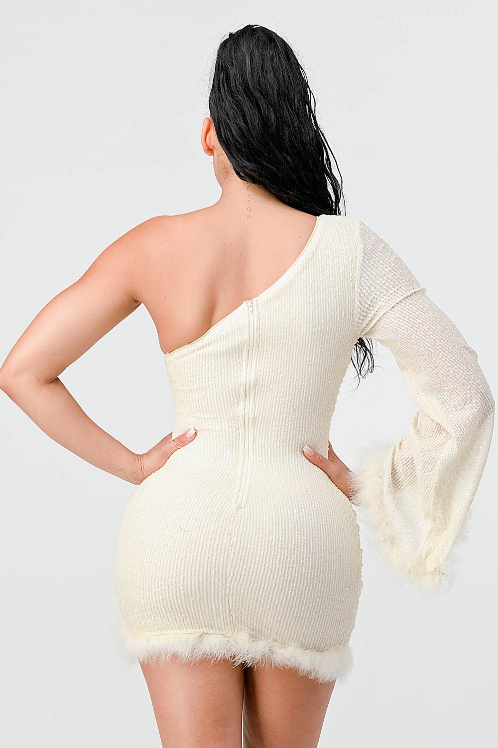 LUX FUR TRIM SEQUINS KIMONO SLEEVES ONE SHOULDER BODYCON MINI DRESS Bella Moda Latina