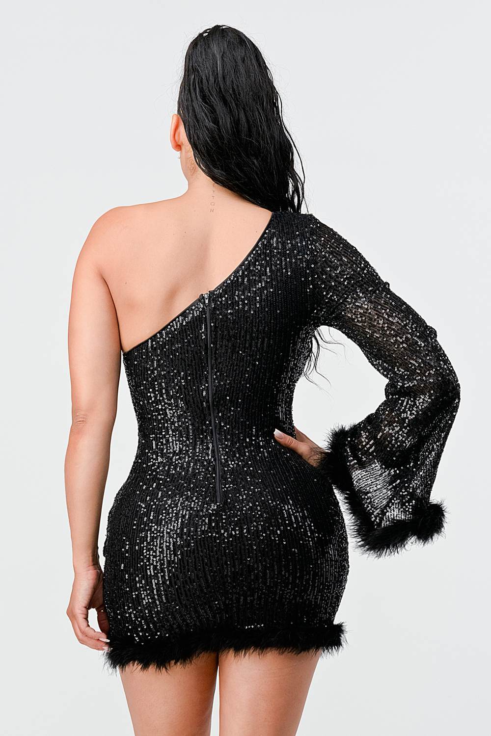 LUX FUR TRIM SEQUINS KIMONO SLEEVES ONE SHOULDER BODYCON MINI DRESS Bella Moda Latina