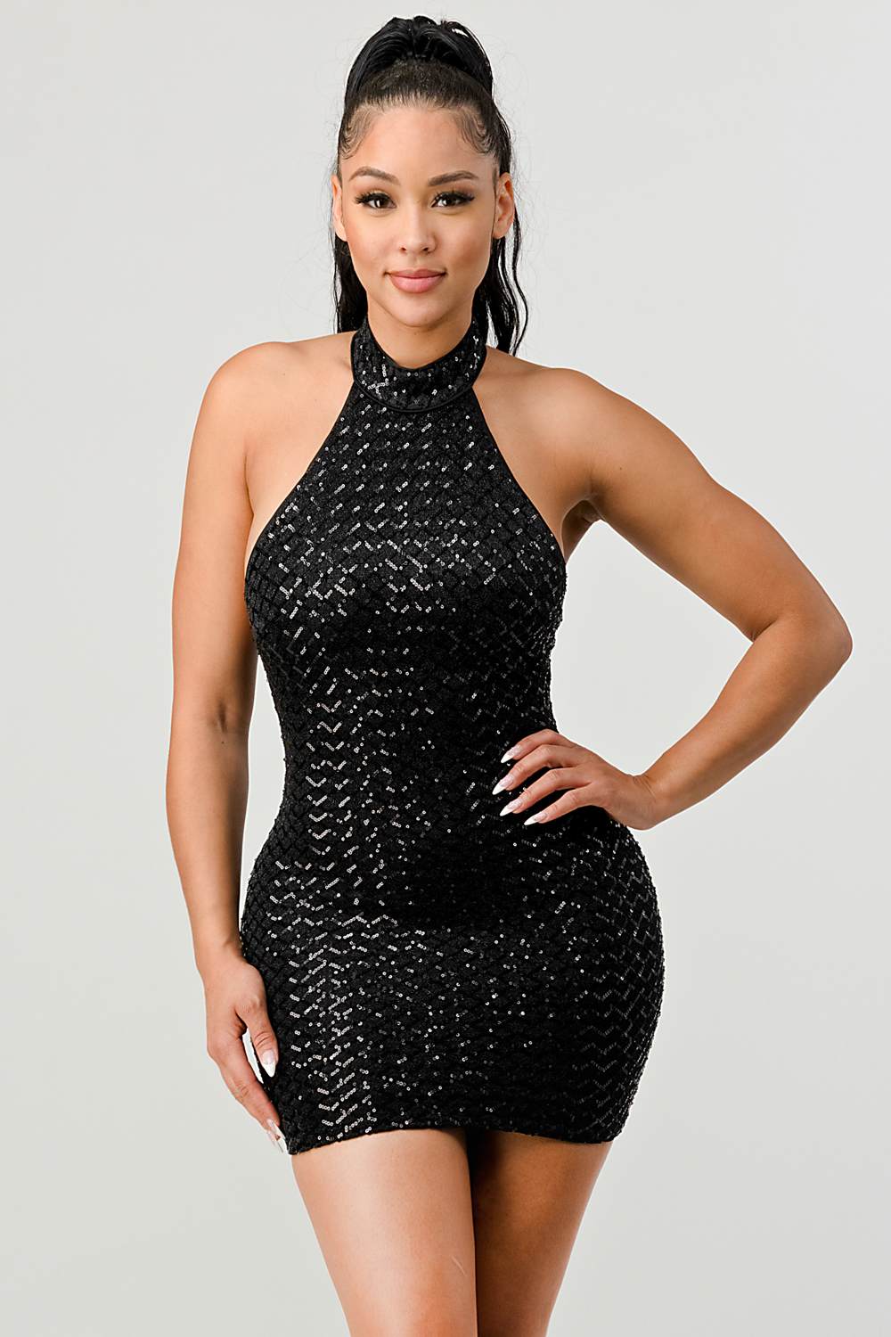 LUX SEQUINS HALTER OPEN BACK SLEEVELESS BODYCON MINI DRESS Bella Moda Latina
