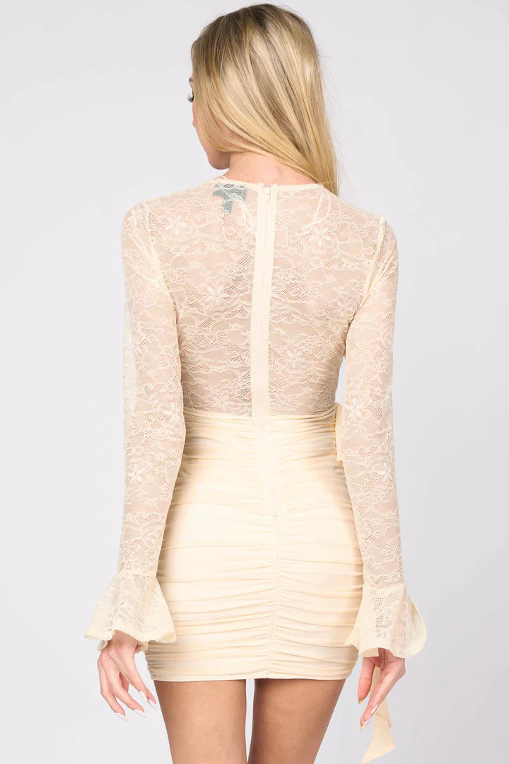LUXE LACE V-NECK MESH SIDE DRAPED MINI DRESS Bella Moda Latina