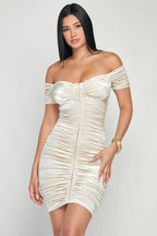 Shiny Velvet Off-Shoulder Ruched Mini Dress Bella Moda Latina