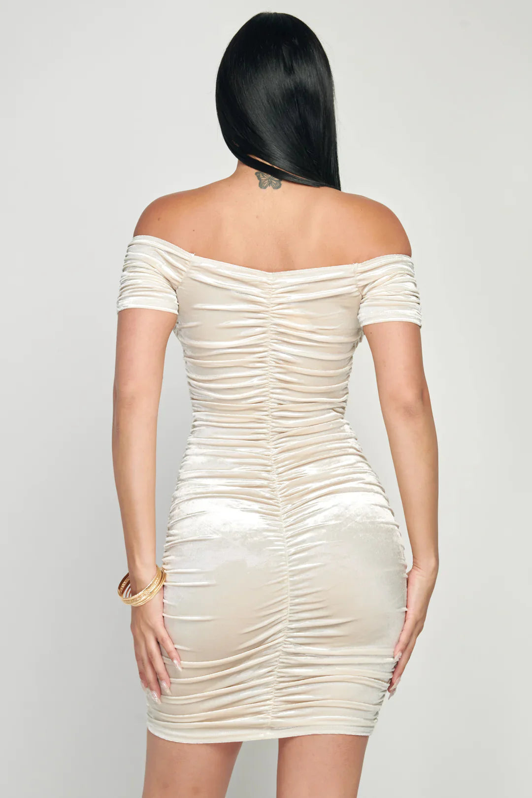 Shiny Velvet Off-Shoulder Ruched Mini Dress Bella Moda Latina
